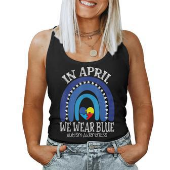 In April We Wear Blue Autism Awareness Puzzle Rainbow Heart  Women Tank Top Basic Casual Daily Weekend Graphic