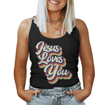 Jesus Loves You Retro Groovy Style Graphic Women Tank Top | Mazezy