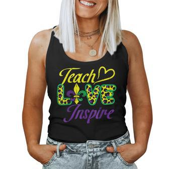 Leopard Teach Love Inspire Mardi Gras Teacher V2 Women Tank Top Basic Casual Daily Weekend Graphic - Seseable