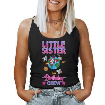 Little Sister Of The Birthday Crew Space Party Planet Bday Women Tank Top | Mazezy