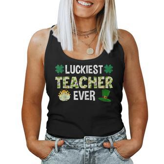 Luckiest Teacher Ever Funny Shamrock Patricks Day Teaching Women Tank Top Basic Casual Daily Weekend Graphic - Seseable