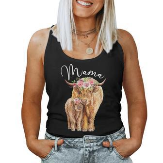 Mama Highland Cow With Baby Calf Floral Mom Women Tank Top | Mazezy