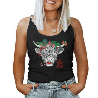 Be Merry And Bright Christmas Highland Cow Farming Farmer Women Tank Top | Mazezy