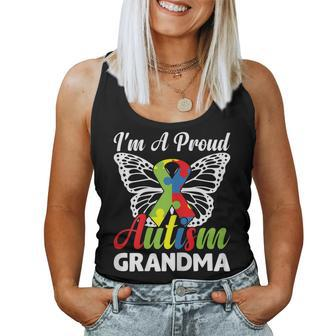 Womens Puzzle Ribbon Butterfly Awareness Im A Proud Autism Grandma Women Tank Top | Mazezy