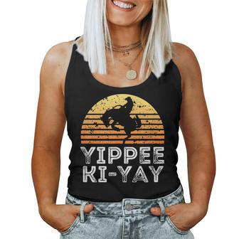 Retro Sunset Yippeekiyay Bucking Horse Graphic Women Tank Top | Mazezy