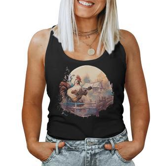 Rooster Playing Guitar Cottagecore Aesthetic Chicken Women Tank Top | Mazezy
