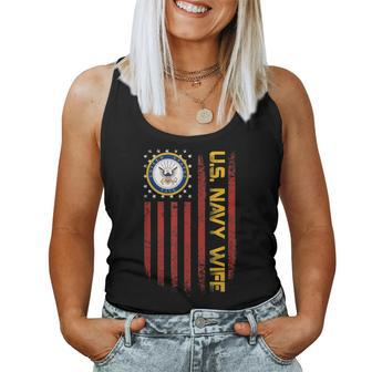 Vintage American Flag Us Navy Proud Wife Veteran Military Women Tank Top | Mazezy
