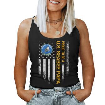 Vintage Usa Flag Proud To Be A Us Seabee Veteran Papa Funny Women Tank Top Basic Casual Daily Weekend Graphic - Seseable