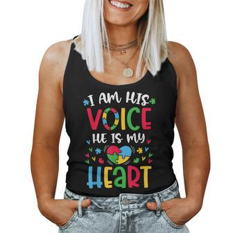 I Am His Voice He Is My Heart Autism Awareness Mom Fathering Women Tank Top | Mazezy