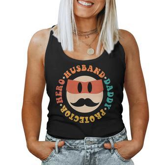 Womens Groovy Hippie Husband Daddy Protector Hero Dad Fathers Day Women Tank Top Basic Casual Daily Weekend Graphic - Thegiftio UK