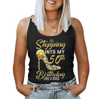 Womens Stepping Into My 50Th Birthday Like A Boss Golden Crown Shoe Women Tank Top Basic Casual Daily Weekend Graphic - Seseable