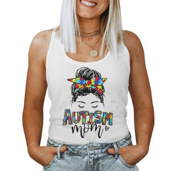 Autism Mom Awareness Messy Hair Bun Puzzle Piece Mother Girl Women Tank Top Basic Casual Daily Weekend Graphic - Seseable