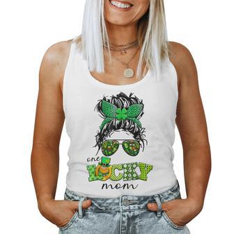 Bleached Shamrock One Lucky Mom Messy Bun St Patricks Day Women Tank Top Basic Casual Daily Weekend Graphic - Seseable