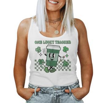 Groovy St Patricks Day One Lucky Teacher Retro Coffee Lover Women Tank Top | Mazezy