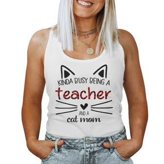 Kinda Busy Being A Teacher And A Cat Mom Red Plain Women Tank Top | Mazezy