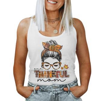 Leopard Messy Bun One Thankful Mom Blessed Mom Thanksgiving Women Tank Top | Mazezy