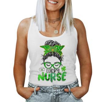 Lucky Nurse St Patricks Day Nurse Shamrock Messy Bun Mom Women Tank Top Basic Casual Daily Weekend Graphic - Seseable