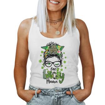 One Lucky Mama St Patricks Day Messy Bun Leopard Bandana Women Tank Top Basic Casual Daily Weekend Graphic - Seseable