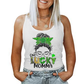 One Lucky Momma Messy Bun Mom Shamrock St Patricks Day Women Tank Top Basic Casual Daily Weekend Graphic - Thegiftio