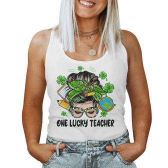 One Lucky Teacher Afro Messy Bun Patricks Day Shamrock Women Tank Top Basic Casual Daily Weekend Graphic - Seseable