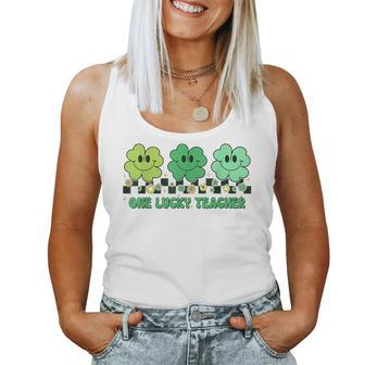 One Lucky Teacher Shamrock St Patricks Day Groovy Retro  Women Tank Top Basic Casual Daily Weekend Graphic