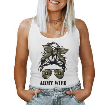 Proud Army Wife Messy Bun Hair Camouflage Bandana Sunglasses Women Tank Top | Mazezy