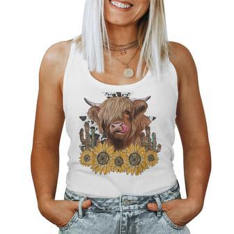 Western Highland Cow With Sunflower And Cactus Leopard Cow Women Tank Top | Mazezy
