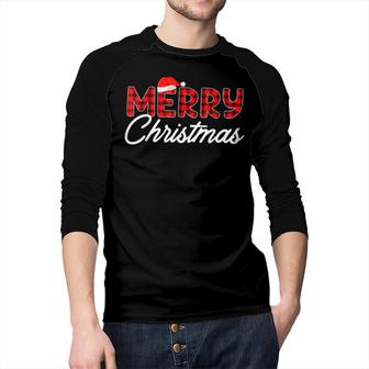 Merry Christmas Buffalo Plaid Red Santa Hat Xmas Pajamas  V2 Men Baseball Tee Raglan Graphic Shirt