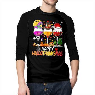 Halloween Thanksgiving Christmas Happy Hallothanksmas Wine   V9 Men Baseball Tee Raglan Graphic Shirt