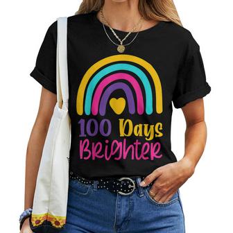 100 Days Brighter Teacher Girls 100 Days Of School Rainbow  Women T-shirt Casual Daily Crewneck Short Sleeve Graphic Basic Unisex Tee