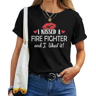 Womens I Kissed A Fire Fighter Design Married Dating Anniversary G  Women T-shirt Casual Daily Crewneck Short Sleeve Graphic Basic Unisex Tee