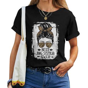Best Big Sister Ever Women Messy Bun Leopard Decor Sister Women T-shirt Casual Daily Crewneck Short Sleeve Graphic Basic Unisex Tee