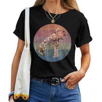 African Giraffe Mom And Baby Watercolor On Distressed Sunset Women T-shirt - Seseable