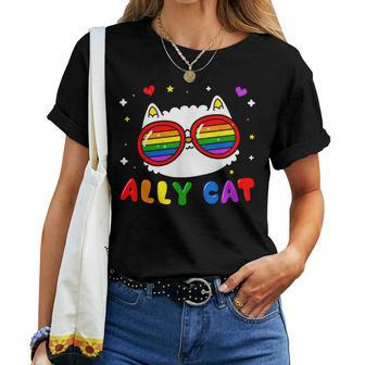 Ally Cat Kawaii Funny Lgbt Gay Pride Flag Rainbow Lesbian Women Crewneck Short T-shirt - Thegiftio UK