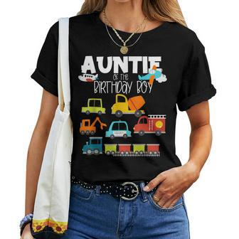 Auntie Of The Birthday Boy Family Matching Train Fire Truck Women T-shirt - Seseable