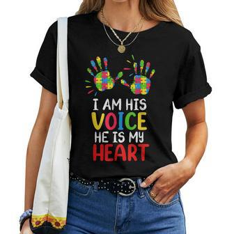 Autism Awareness Mom Dad I Am His Voice Hes My Heart Women T-shirt | Mazezy
