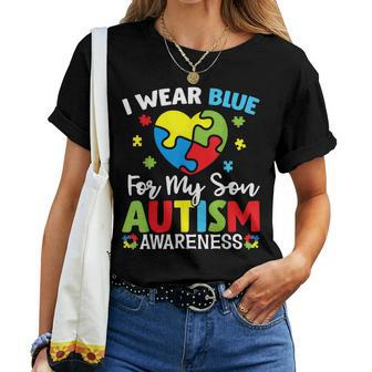 Autism Awareness Month Dad Mom Heart I Wear Blue For My Son Women T-shirt | Mazezy