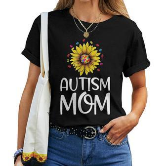 Autism Mom Gift Puzzle Piece Sunflower Autism Awareness Women T-shirt - Seseable