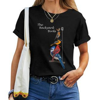 The Backyard Birds Blue Jay Cardinal Wren Bird Birdwatcher Women T-shirt | Mazezy