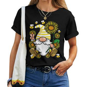 Bee Sunflower Gnome Hippie Peace Sign Gardening Gnomies Women T-shirt | Mazezy
