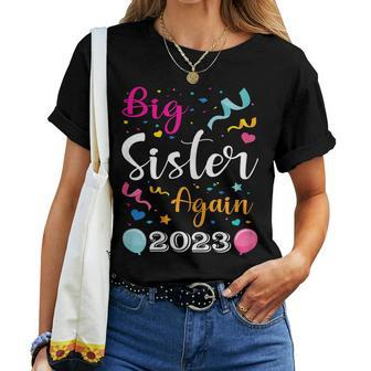 Big Sister Again 2023 Pregnancy Announcement Kids Siblings Women T-shirt | Mazezy