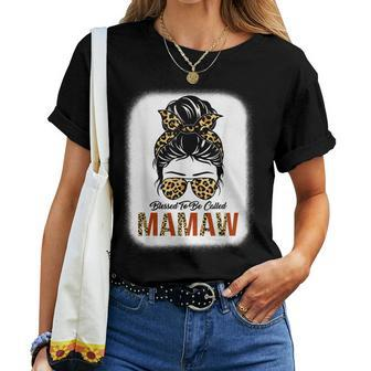 Blessed To Be Called Mamaw Leopard Messy Bun Women T-shirt - Thegiftio UK