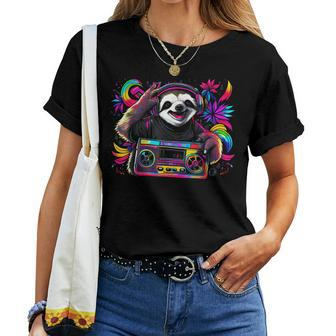 Boombox Radio Old School Hip Hop Rap Cassette Sloth Lazy Women T-shirt | Mazezy