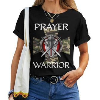 Christian Prayer Warrior Green Camo Cross Religious Messages Women T-shirt | Mazezy