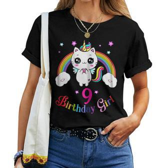 Cute Kitty 9Th Birthday Shirt Unicorn Rainbow 9Th Bday Women T-shirt | Mazezy