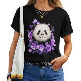 Cute Panda Purple Flowers Panda Lovers Gift Women T-shirt - Seseable