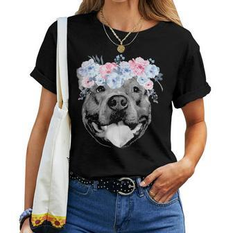 Cute Pitbull Face Floral Watercolor Flower Pittie Mom Gift Women T-shirt - Seseable