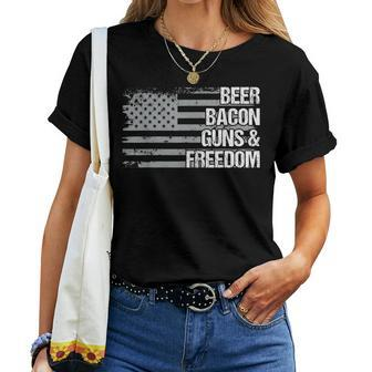Dad Grandpa Veteran Us Flag Beer Bacon Guns Freedom Women T-shirt | Mazezy