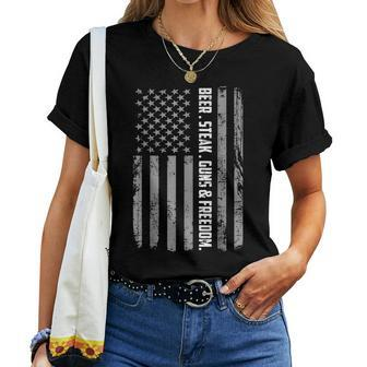 Dad Grandpa Veteran Us Flag Beer Steak Guns Freedom Women T-shirt | Mazezy CA