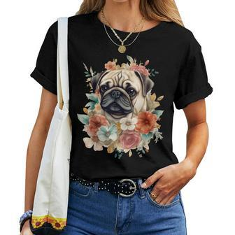 Floral Pug Dog Spring Nature Dog Lovers Women T-shirt Casual Daily Basic Unisex Tee | Mazezy